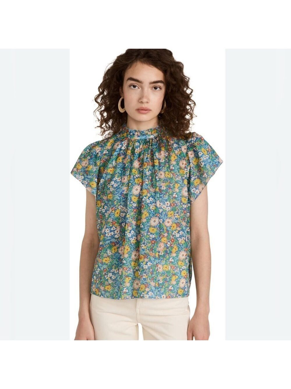 Trovata Birds Of Paradise Carla High Neck Flutter Sleeve Top SZ M Summer Fields